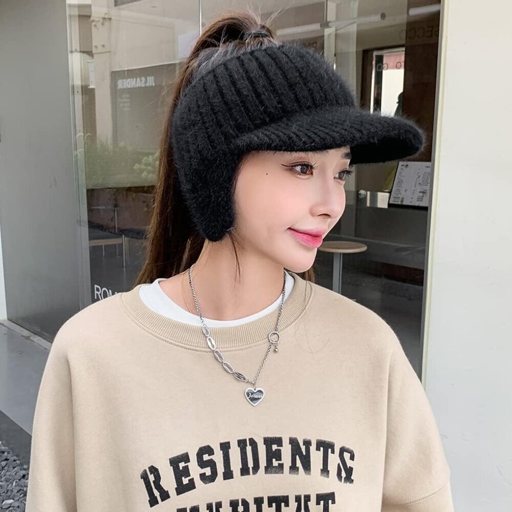 Open Beanie with Earflaps Visor Winter Hat Women Golf Tennis Cozy Knit - Picture 4 of 4